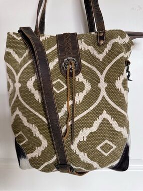 MYRA BAG  Olive and Cream Patterned Tote with Brown Leather Accents